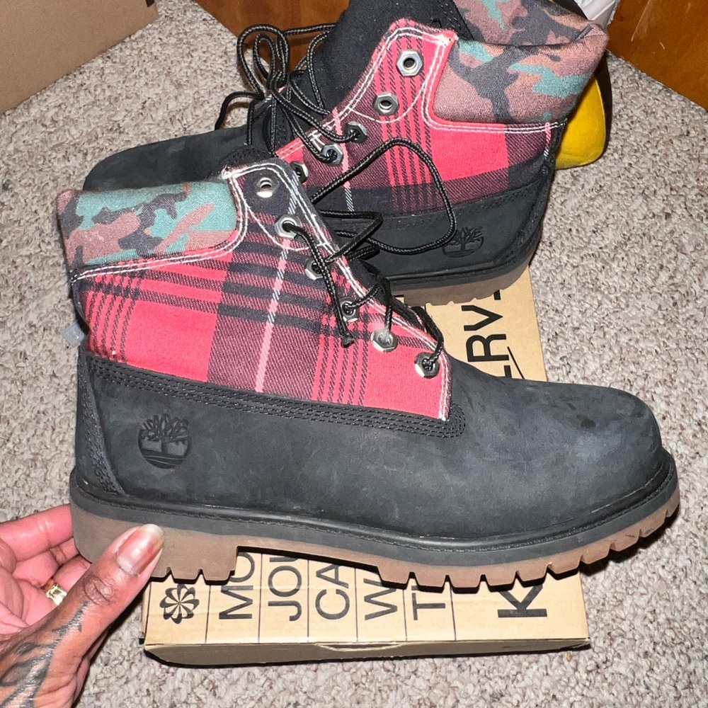 Timberland Black and Red Plaid Boots